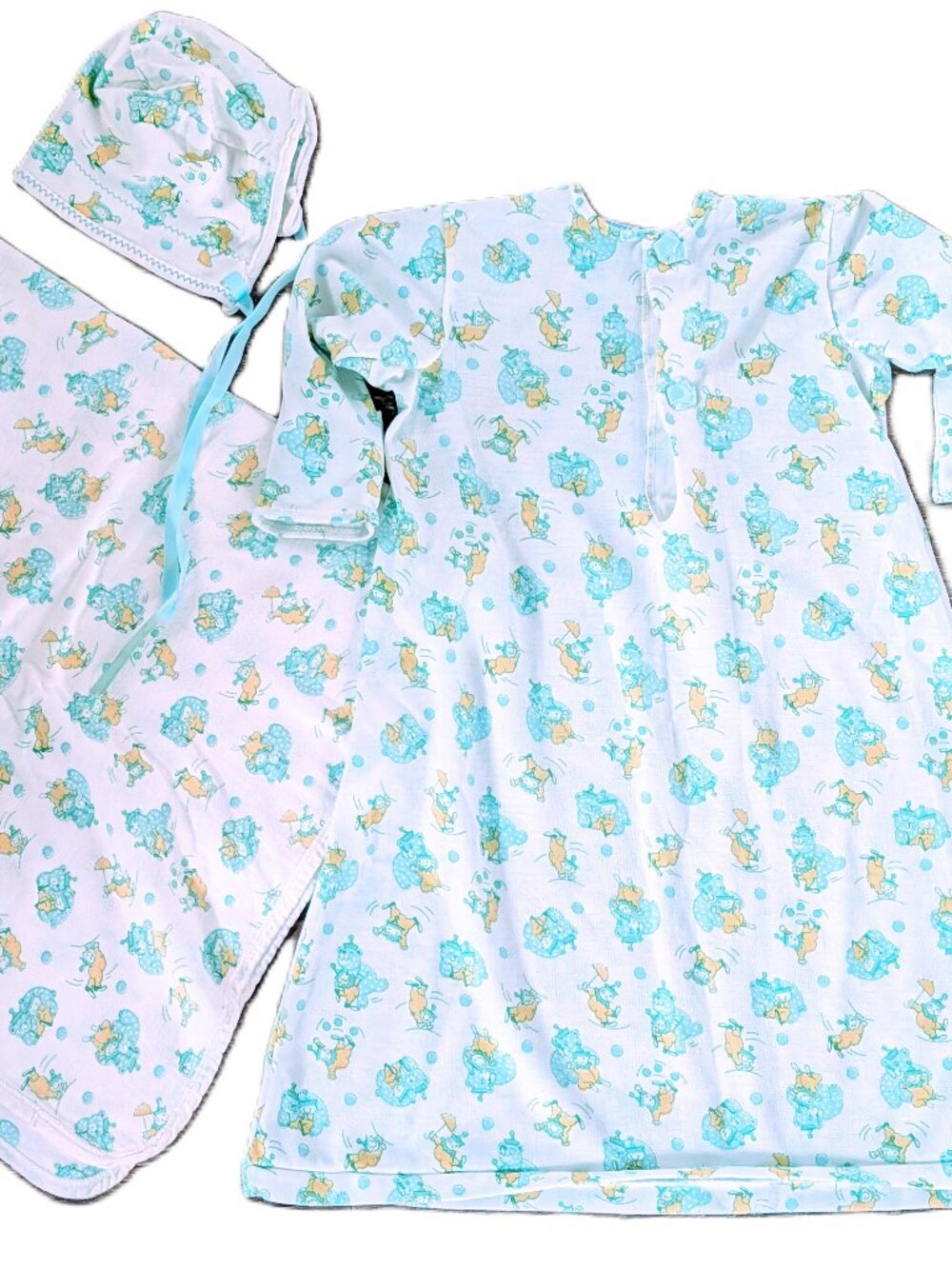 VTG 3pc Carter’s Layette Circus Baby Set Gown Bonnet Blanket USA Blue Yellow 70s